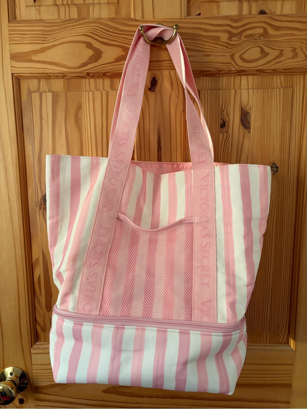 Victoria's Secret Pink and White Striped Tote with Mesh Front Pocket